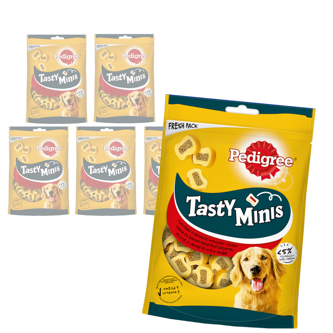 Pedigree Tasty Minis 6x155g z wołowiną Przysmak dla psa (Mini Tasty bites chewy slices) Zestawi