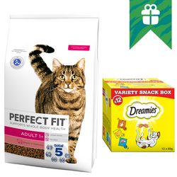 Perfect Fit Adult 1+ Sucha Karma Dla Kotów Dorosłych Z Wołowiną 7kg + GRATIS Dreamies Variety Snack Box 720g