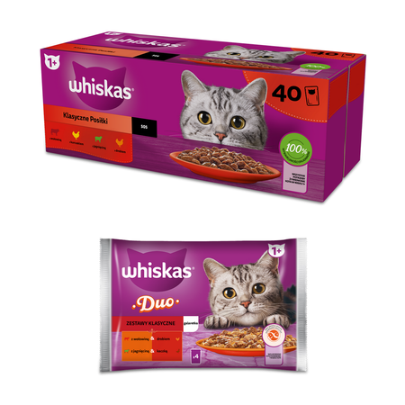 Whiskas Adult 40x85g Klasyczne Posiłki Mokra Karma Dla Dorosłych Kotów 4 Smaki W Sosie + GRATIS Zestawy Klasyczne