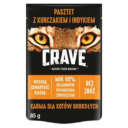 CRAVE Pasztet z Indykiem i Kurczakiem 24x85g Saszetka - mokra karma bezzbożowa dla kotów
