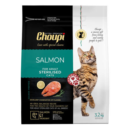 Choupi Bezzbożowa Sucha Karma Dla Kotów Sterylizowanych Z Łososiem 3,2kg