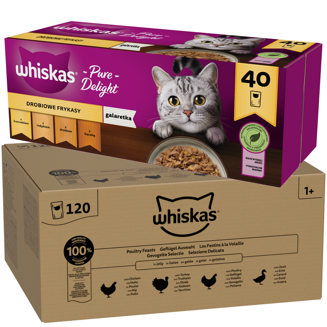 Whiskas Adult 160x85g Mokra Karma Dla Dorosłego Kota Drobiowa Uczta Rybne Przysmaki w Galaretce