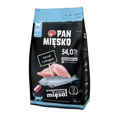 Pan Mięsko Karma Pełnoporcjowa Dla Kotów Kurczak Z Pstrągiem 5kg + Mokra 4x400g