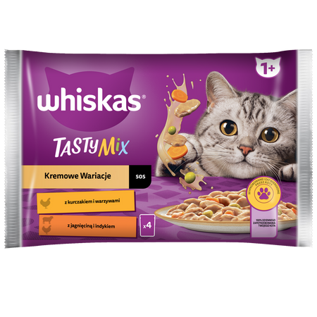 WHISKAS Adult Saszetka 32 x 85g Kremowe Wariacje Mokra Karma Dla Dorosłego Kota w Sosie Kurczak z Warzywami, Jagnięcina z Indykiem