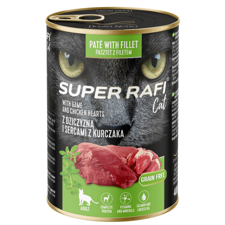 Super Rafi Cat 12x400g Bezzbożowa Mokra Karma Dla Kotów Z Dziczyzną I Sercami Z Kurczaka