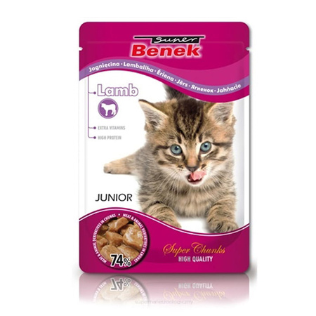 Super Benek Junior 6x100g z Kawałkami Jagnięciny w Sosie - Mokra Karma dla Kociąt w Saszetkach 74% mięsa