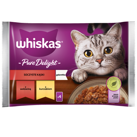 WHISKAS Adult Saszetki 32 x 85g Soczyste Kąski Mokra Karma Dla Dorosłego Kota w Galaretce Kawałki z Wołowiną i z Kurczakiem