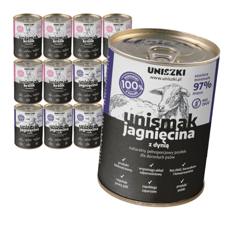 Uniszki Unismak Mix Smaków 12x400g Bezzbożowa Mokra Karma dla Psa Jagnięcina z Dynią i Królik z Burakiem