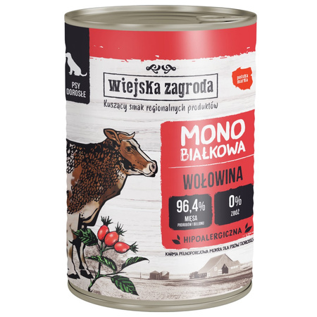 Wiejska Zagroda Monobiałkowa Karma Mokra Dla Psów Dorosłych Wołowina 96,4% Mięsa 12x400g