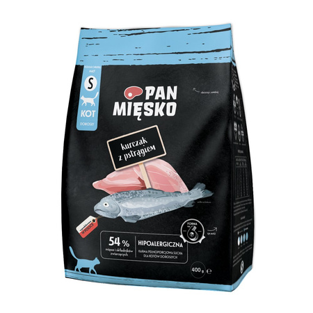 Pan Mięsko 400g Hipoalergiczna Sucha Karma Dla Kota Kurczak Z Pstrągiem Chrupki Rozmiar S