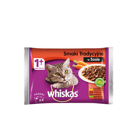 WHISKAS Mięsne Smaki Tradycyjne w Sosie, 4x 100 g Saszetki Mokra karma dla kota