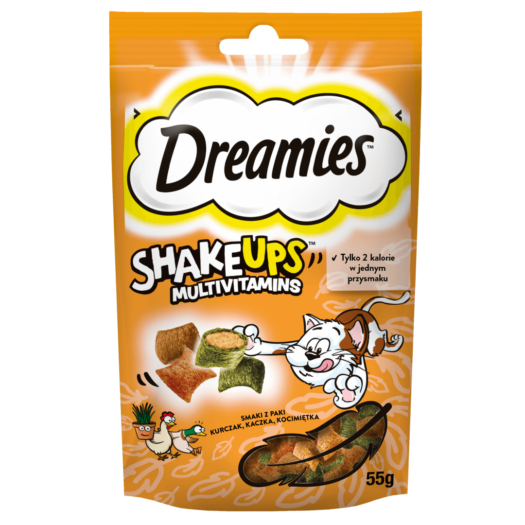 Dreamies Shake Ups Multivitamins 55g Przysmak Dla Kota z Owocami Morza o Smaku Łososia Tuńczyka i Krewetek