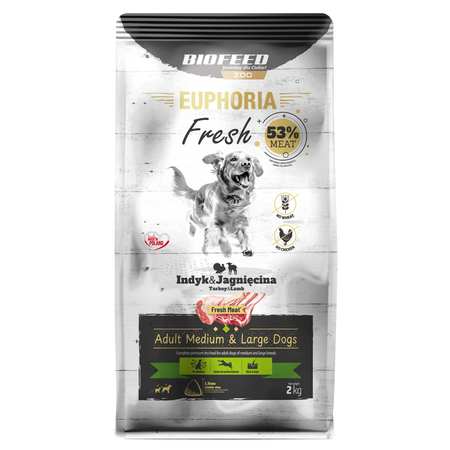 Biofeed Euphoria Fresh Turkey & Lamb 2kg Sucha Karma Dla Dorosłych Psów Średnich I Dużych Ras Ze Świeżym Indykiem