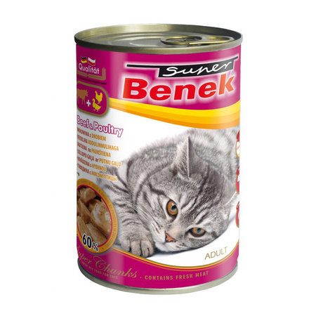 Super BENEK CHUNKS Wołowina z Drobiem 6x415g Mokra Karma Dla Kota 60% Mięsa