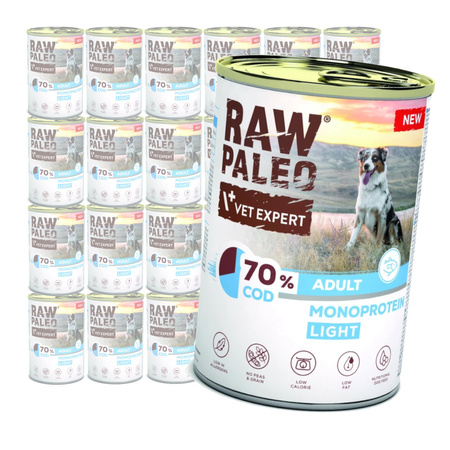 Raw Paleo Adult Monoprotein Light 24x400g Bezzbożowa Mokra Karma z Dorszem Dla Psów z Tendencją Do Nadwagi