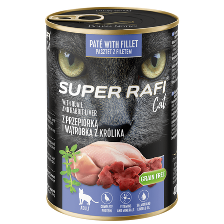 Super Rafi Cat 24x400g Bezzbożowa Mokra Karma Dla Kotów Z Przepiórką I Wątróbką Z Królika