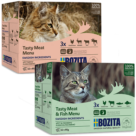 Bozita Tasty Menu Mokra Karma Dla Kota W Galaretce Mix Smaków 24x85g Renifer Łoś Kurczak Wołowina Łosoś Śledź