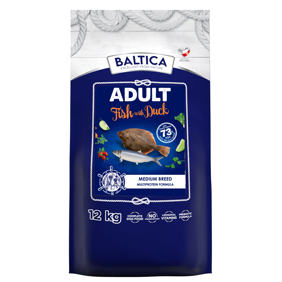 Baltica Excellent Adult Ryba Bałtycka z Kaczką M 12kg Bezzbożowa Sucha Karma Dla Psów Średnich Ras