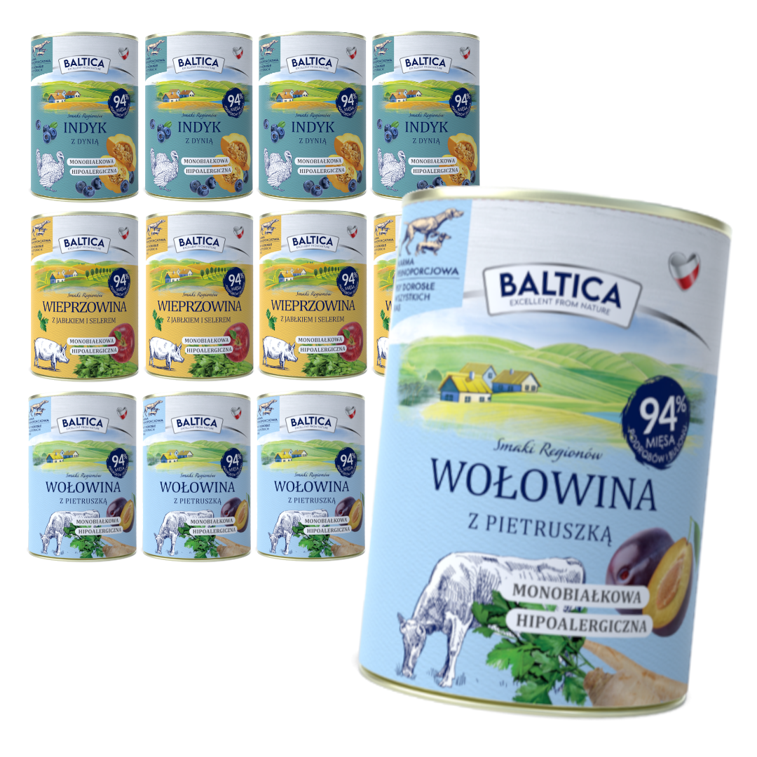Baltica Samki Regionów 12x400g Monoproteinowa Hipoalergiczna Bezzbożowa Mokra Karma Dla Psa Wołowina Indyk Wieprzowina
