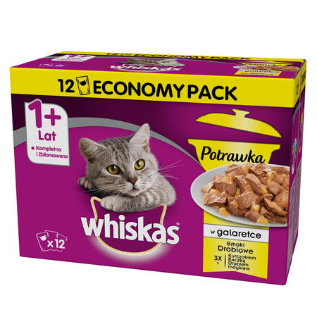 WHISKAS Potrawka Smaki Drobiowe w Galaretce 12x 85 g Saszetki Mokra karma dla kota 1+ 