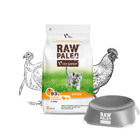 Raw Paleo Kitten Sucha Karma Dla Kociąt Indyk Z Kurczakiem 6kg + GRATIS Miseczka