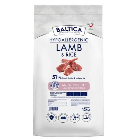 Baltica Adult Jagnięcina z Ryżem M 12kg Hipoalergiczna Sucha Karma Dla Psów Średnich Ras