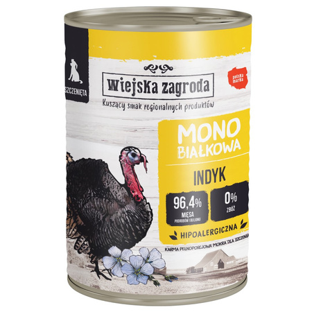 Wiejska Zagroda Monobiałkowa 12x400g Karma Mokra Dla Psów Szczeniąt Indyk I Jagnięcina 96,4% Mięsa