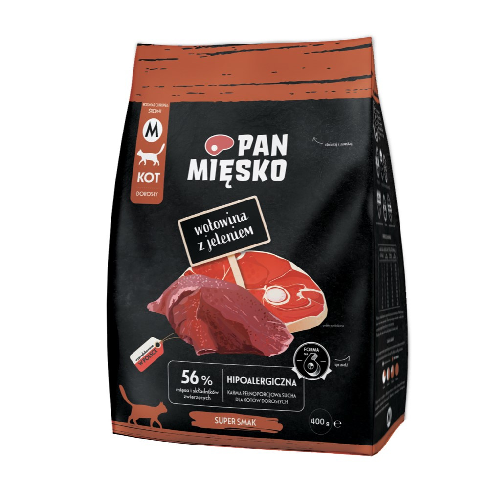 Pan Mięsko 400g Hipoalergiczna Sucha Karma Dla Kota Wołowina Z Jeleniem Chrupki Rozmiar M