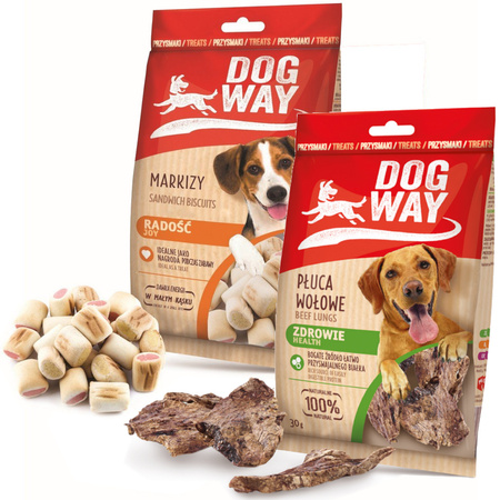 DogWay Płuca Wołowe 30g Naturalny Gryzak + Markizy 150g Ciastka z Mięsnym Nadzieniem Przysmak Dla Psa