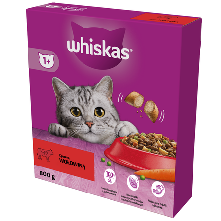Whiskas Adult 2x800g Sucha Karma Pełnoporcjowa Dla Dorosłych Kotów Z Wołowiną W Kartonie
