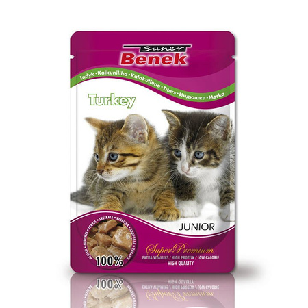 Super Benek Junior 24x100g z Kawałkami Jagnięciny i Indyka w Sosie Mokra Karma dla Kociąt