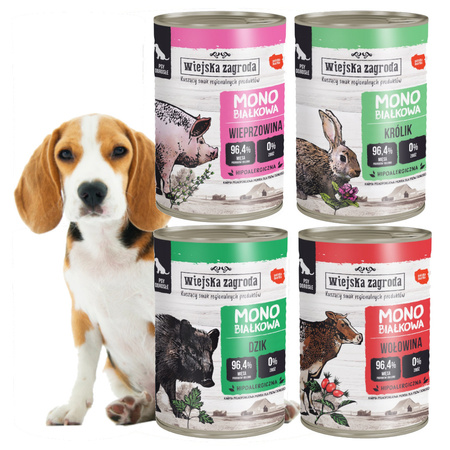 Wiejska Zagroda Monobiałkowa Karma Mokra Dla Psów Dorosłych Mix 4 Smaków 96,4% Mięsa 4x400g Bez Drobiu