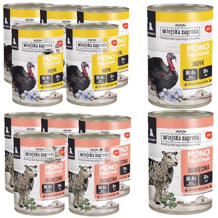 Wiejska Zagroda Monobiałkowa 12x400g Karma Mokra Dla Psów Szczeniąt Indyk I Jagnięcina 96,4% Mięsa