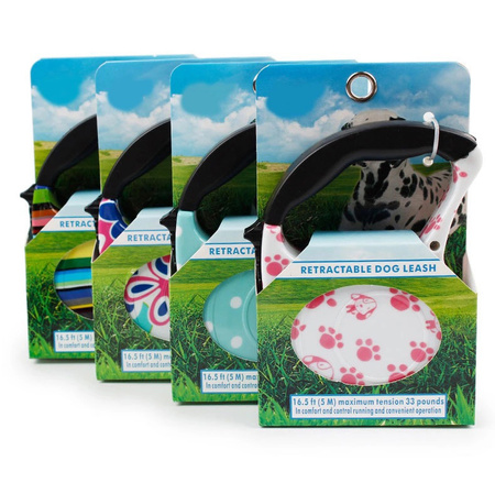 Automatyczna kolorowa smycz długość 5m dla małych i średnich psów wzór WESOŁY ROGER