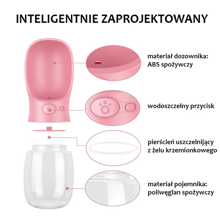 Przenośny dozownik wody dla psa, miska dla picia 550ml kolor RÓŻOWY
