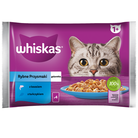 WHISKAS Adult Saszetki 32 x 85g Rybne Przysmaki Mokra Karma Dla Dorosłego Kota w Galaretce Kawałki z Łososiem i z Tuńczykiem