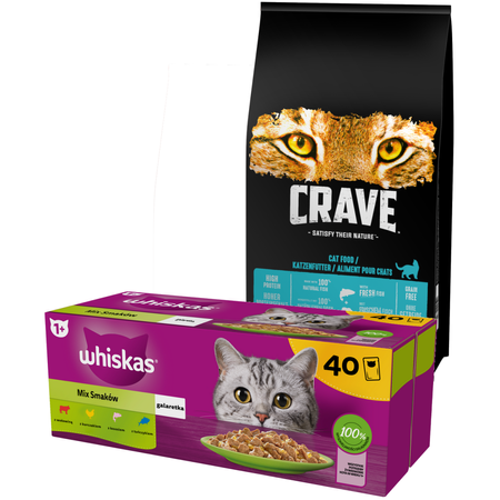 Crave Bezzbożowa Sucha Karma Dla Kota 7kg Z Łososiem I Białą Rybą + Whiskas 40x85g Mix Smaków W Galaretce