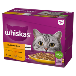 WHISKAS Adult Saszetki 12 x 85g Drobiowa Uczta Mokra Karma Dla Dorosłego Kota w Galaretce Kawałki z Kurczakiem Kaczką Drobiem Indykiem