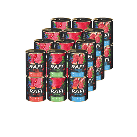 24x400g Rafi Mokra Karma Dla Dorosłych Psów 3 Smaki W Puszce Zestaw