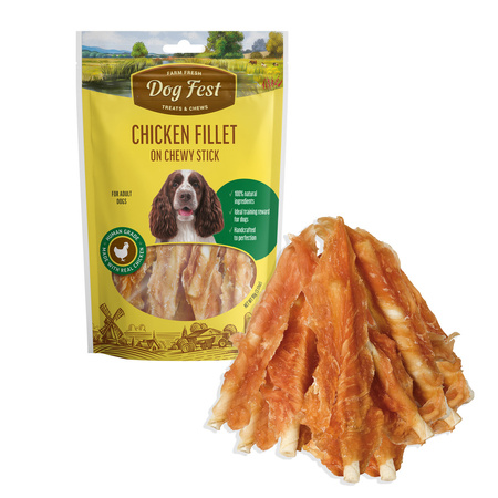 DOG FEST Chicken Fillet On Chewy Stick 90g - Naturalne Pałeczki z Filetem z Kurczaka, Przysmak dla Dorosłych Psów