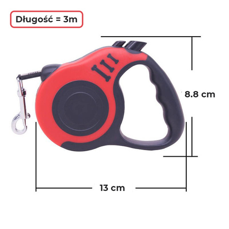 Smycz automatyczna Czerwony Długość 3m, Dla Psów Psa Kota do 15kg