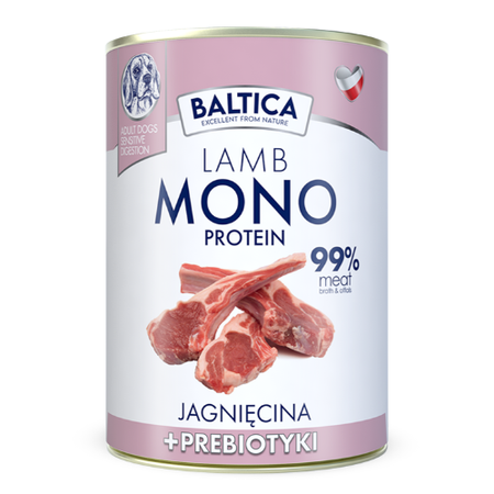 Baltica Monoprotein 12x400g Hipoalergiczna Bezzbożowa Mokra Karma Dla Psa z Prebiotykami Jagnięcina Dziczyzna Królik