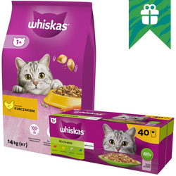 Sucha Karma Whiskas Adult 14kg Dla Kotów Z Kurczakiem I Warzywami + GRATIS 40x85g Mix Smaków Mokra Karma w Galaretce