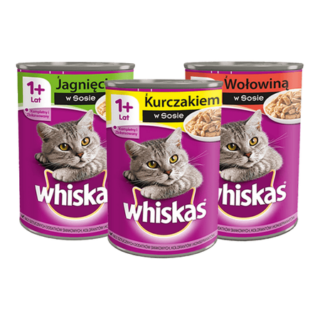 WHISKAS 1+ z Jagnięciną 4x Wołowina 4x Kurczak 4x w Sosie, 12*400 g Puszka