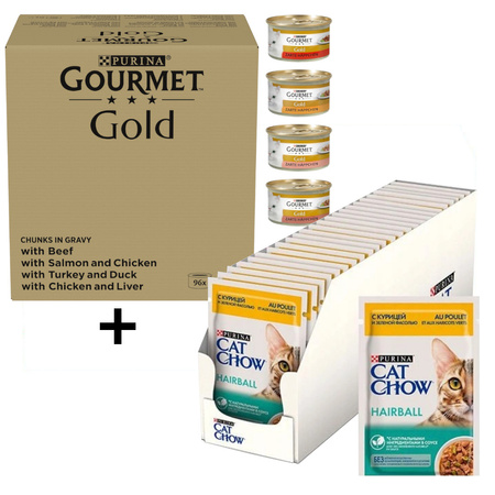 Purina Gourmet Gold 96x85g Mokra Karma dla Kota Mix Smaków w Sosie + GRATIS 26x85g Purina Cat Chow Hairball z Kurczakiem