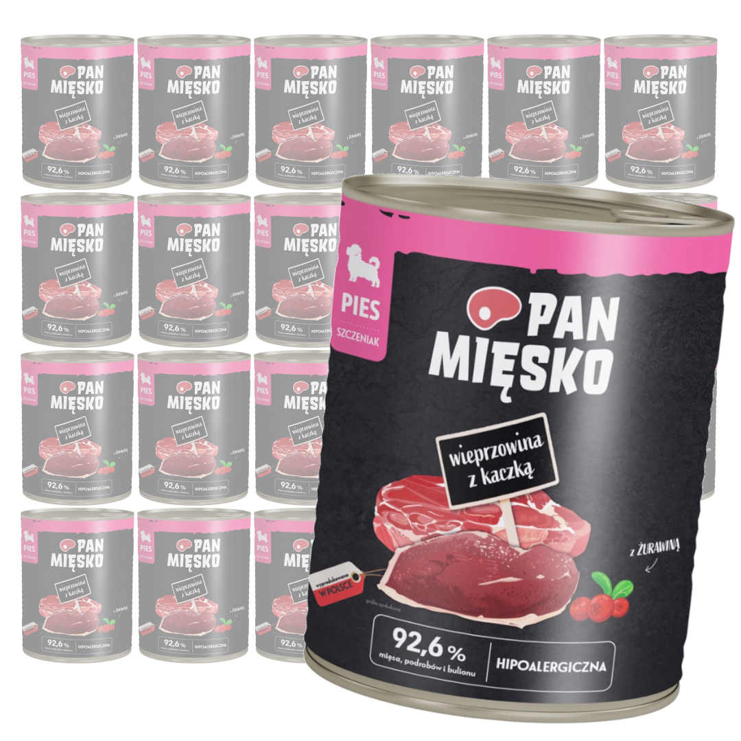Pan Mięsko 24x800g Hipoalergiczna Mokra Karma Dla Szczeniąt Wieprzowina Z Kaczką