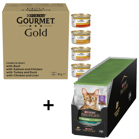 Purina Gourmet Gold 96x85g Mokra Karma dla Kota Mix Smaków w Sosie + GRATIS 26x85g Purina Pro Plan Sterilised z Kaczką