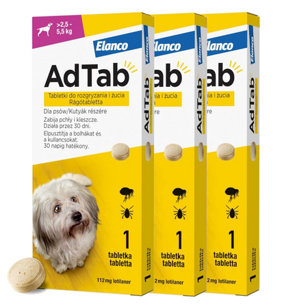 AdTab Tabletka Dla Psa >2,5-5,5kg Do Rozgryzania Na Pchły I Kleszcze 3szt.