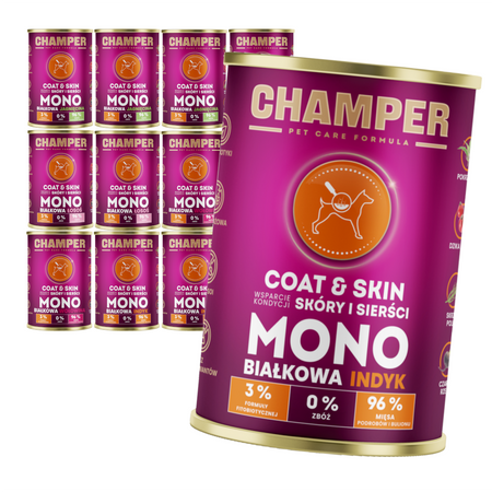 Champer Coat & Skin 12x400g Monobiałkowa Mokra Karma Dla Psa Mix Smaków Wsparcie Kondycji Skóry I Sierści