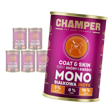 Champer Coat & Skin 6x400g Monobiałkowa Mokra Karma Dla Psa Z Indykiem Wsparcie Kondycji Skóry I Sierści